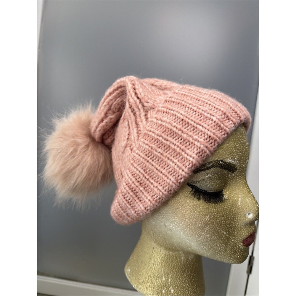 LOFT NWT Cable Knit Pom Pom Beanie Hat - Blush Pink Rose One Size